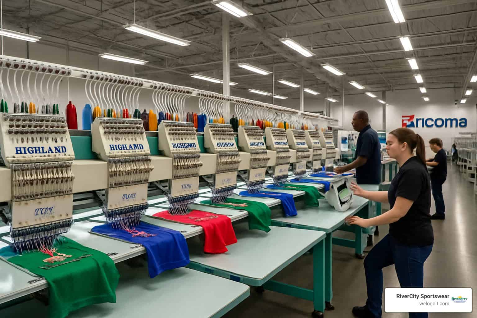 Multi-head embroidery machines running in production facility - custom embroidered promotional products Multi-head embroidery machines running in production facility - custom embroidered promotional products